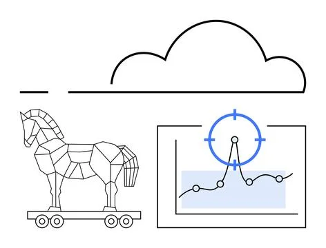 Trojan horse on wheels beside data graph with target overlay under cloud grap 스톡 일러스트