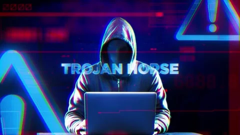 Trojan Horse Word on Hacker concept technology futuristic data background Stock Footage 343377421