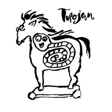 Trojan horse with worm inside. Computer virus symbol. Grunge dry brush vector Stock-Illustration