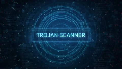 Trojan Scanner concept over computer and Technology HUD glitch background effect Stock Footage 197017177