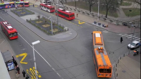 Trolley bus arrive at station and start new route. Stock Footage 83760973