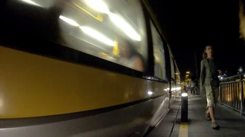 TROLLEY CAR PASSING BY LUIS I BRIDGE AT NIGHT, PORTO, PORTUGAL Stock Footage 95039109