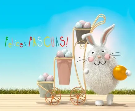 Trolley with Easter eggs, grass and Easter bunny Stock Illustration