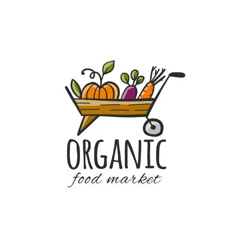 Trolley with Organic Vegetables. Design logo for farm produce Stock Illustration
