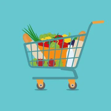 Trolley with products on blue background Stock Illustration