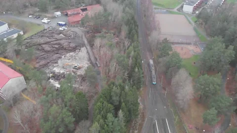 Trolley Tram on Rural Tramway Surrounded by Forest, Aerial 動画素材 148991977