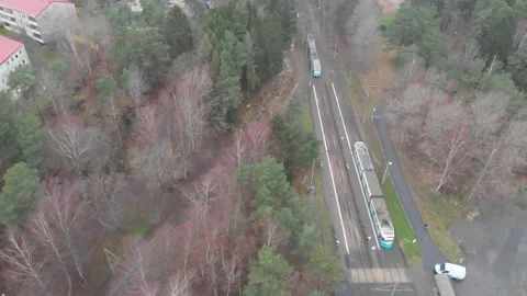 Trolley Trams at End Station, Public Transportation, Aerial 動画素材 148992303