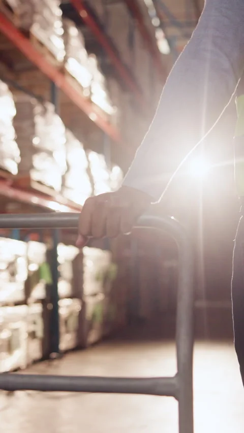 Trolley, walking and hands of man in warehouse for supply chain, inventory and Stock Footage 335942650