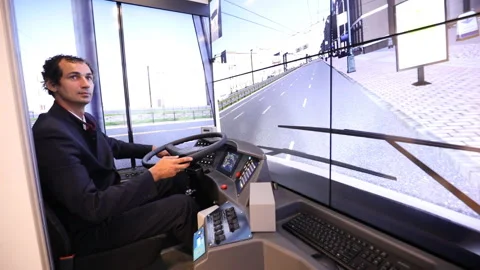 Trolleybus driver in the trolley simulator Stock-Footage 94225626