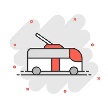 Trolleybus icon in comic style. Trolley bus cartoon vector illustration on wh Stockillustratie