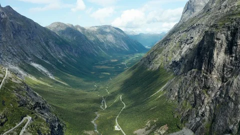 Trollstigen or Trolls Path is a serpentine mountain road in Norway Stock-Footage 115201073