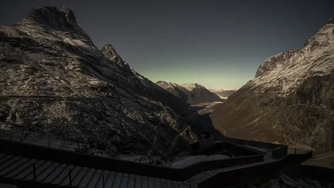 Trollstigen Plattingen viewing platform in moonlight Stock Footage 250803024