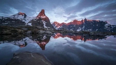 Trollwegen in sunrise reflection Stock Footage 87790019