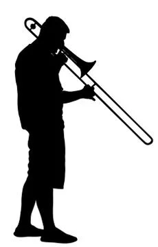 Trombone player vector silhouette. Music man play wind instrument. 库存插图