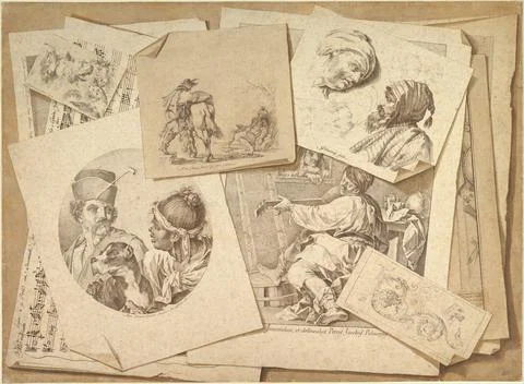 Trompe-l'Oeil Exercise: Prints on a Table Top 1766 Pietro Jacopo Palmieri I.. Stock Photos