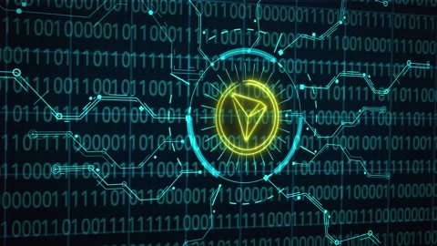 Tron. TRX. 3D Cryptocurrency Neon Coin Loop on binar code. Stock Footage 221021983