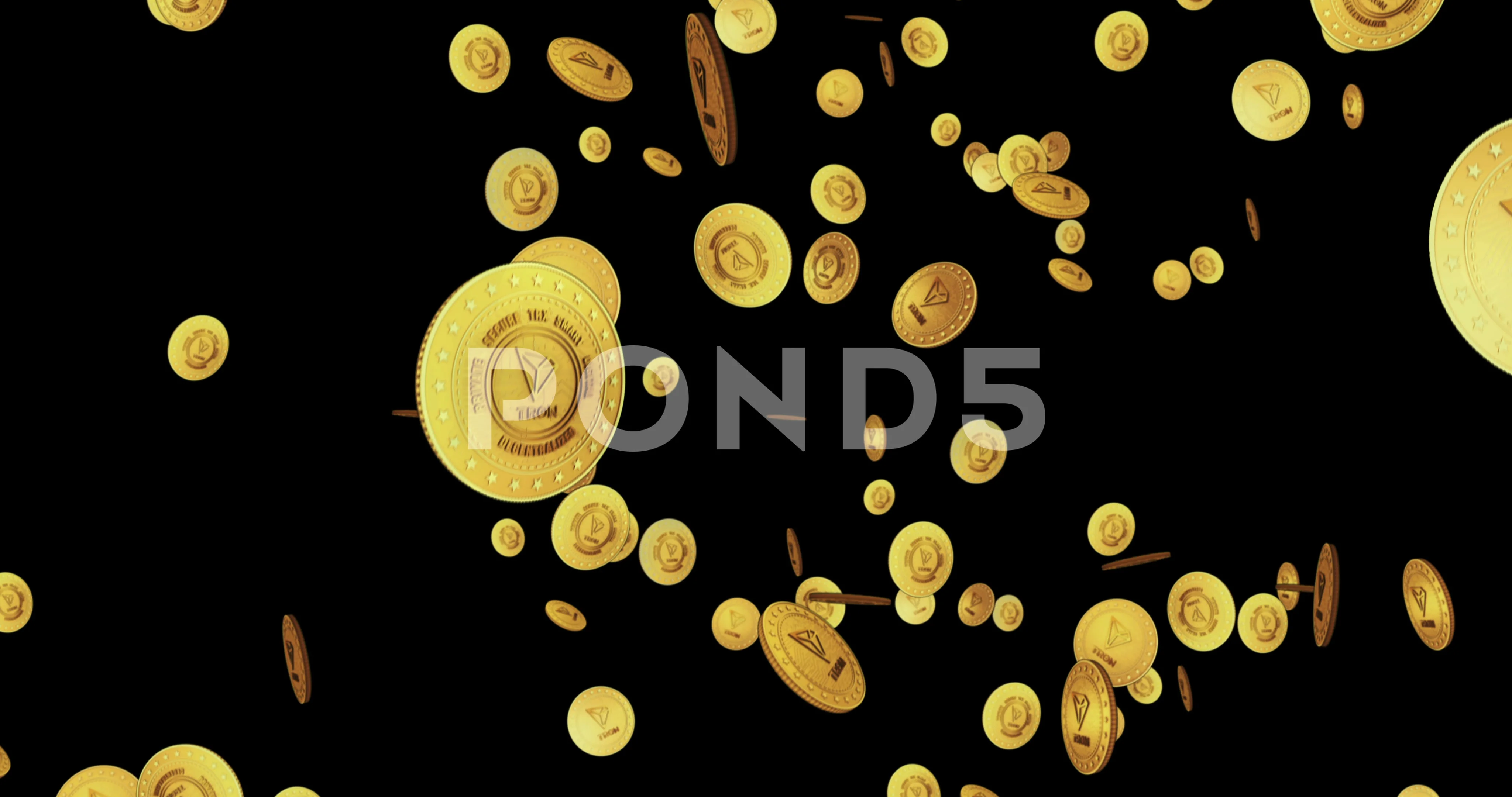 Tron TRX cryptocurrency golden coin falling rain loop