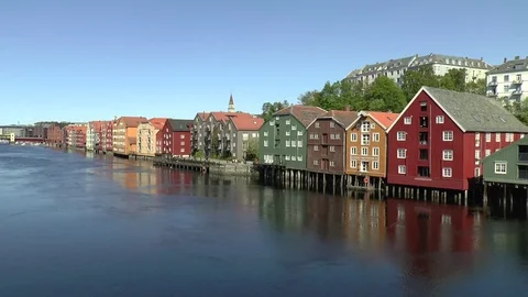 Trondheim Colourful Wooden Buildings On The Waterfront Stock Footage