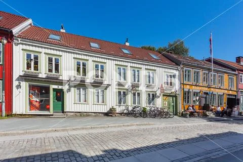 TRONDHEIM, NORWAY - July 15, 2017. Colorful buildings on streets of Trondheim Stock Photos