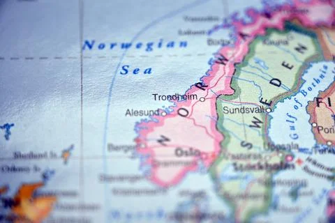 Trondheim Pinpointed on World Map with Soft Blur Defocused Background Stock Photos