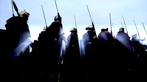 Troop of historical gladiators marching together. shot on Red Epic Stock Footage