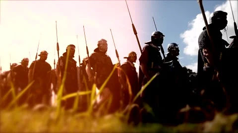 Troop of historical gladiators marching together. shot on Red Epic Stock Footage 42197505