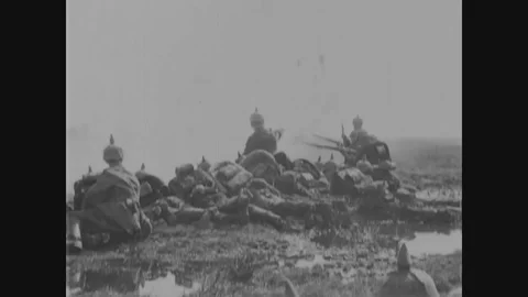 Troop now advanced in mass formation, one wing at time attack in V shape - 1914 Stock Footage 98095832