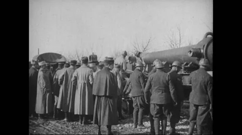 Troop pushing railroad gun Stock Footage