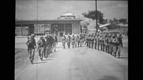 Troop of soldiers walking in a row Stock Footage