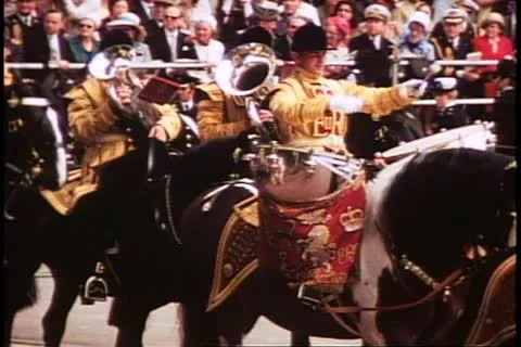 Trooping the Color, 1976, London, England, close up, tympani on horses Stock Footage
