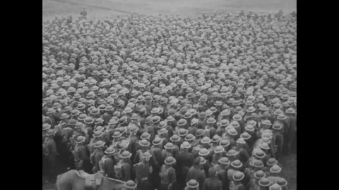 Troops of 3rd Div gather and Gen Pershing express gratitude to troops 1918-1919 Stock Footage 98954276