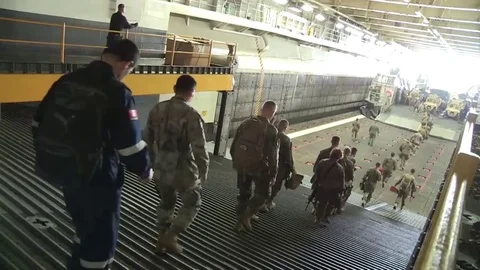 Troops disembarking ship for Operation Dawn Blitz aboard USS Essex (LHD 2) LCAC Stock Footage 81738694