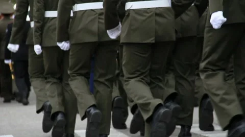 Troops march on the street Stock Footage 8654361