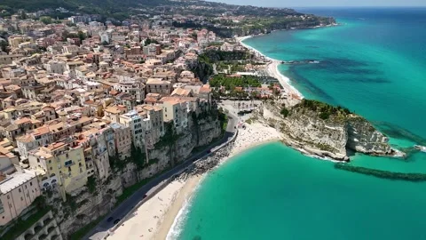 Tropea, Italy. Panoramic drone view of the sea, beaches, boats Stock Footage 338362518