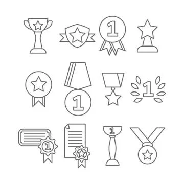 Trophies for winners line icons. Gold cups, medals, certificates, etc. Vector Stock Illustration