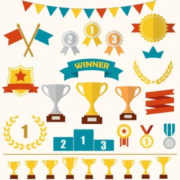 Trophy and awards icon set: laurel wreath, winning trophy cup, crown, medals Stock Illustration