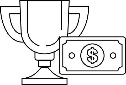 A trophy and a dollar bill are shown in a black and white drawing Stock Illustration