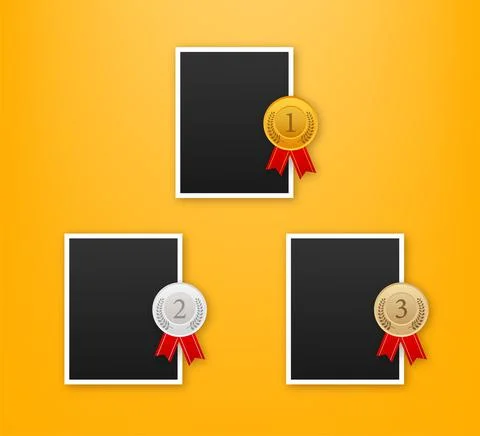 Trophy and frame realistic compostion. 3d photo award place for flyer design イラスト素材