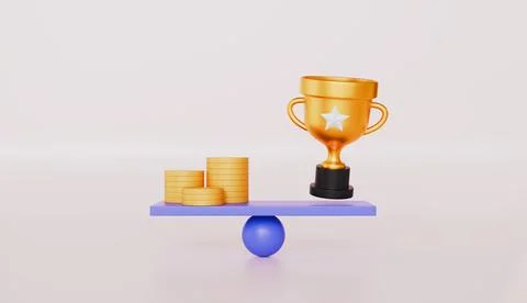 Trophy and money stacking coins on the balance scale, Business goal Stock Illustration