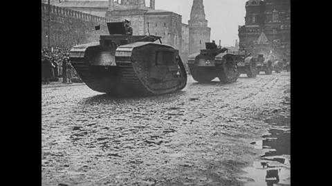 Trophy British Mark V tanks. Red Army Stock Footage 235536836