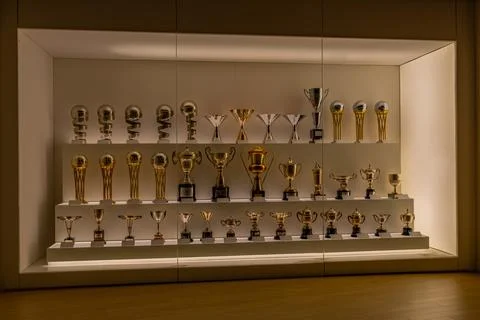 Trophy cabinet display inside Santiago Bernabeu Stock Photos