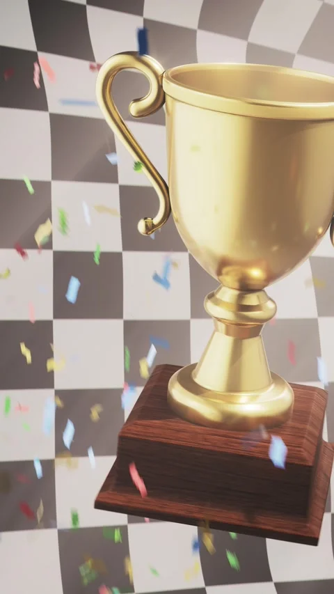 Trophy with checkered flag, racing victory. 3D looping animation, vertical video Stock Footage 292766400