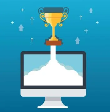 Trophy on cloud and computer, startup business concept illustration Stock Illustration
