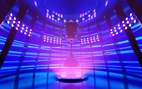 Trophy in collection room decorate in futuristic style for e-sport winner Ilustración de archivo