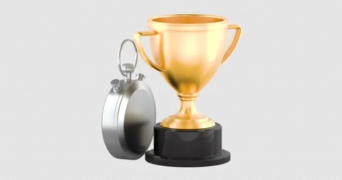 Trophy cup and stopwatch, rotation animation seamlessly loopable. 3D render.. Stock Footage 331586554