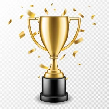 Trophy cup. Champion trophy, shiny golden cup and falling confetti, sport award Stock Illustration