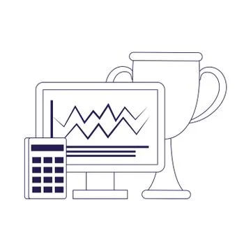 Trophy cup with computer and calculator, flat design Stock Illustration
