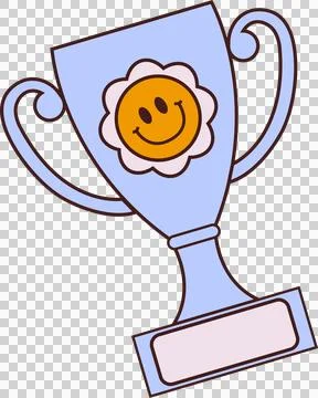 Trophy cup is featuring rosette and smiling face emblem in flat design on Illustration