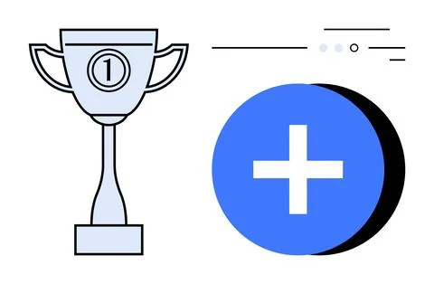 Trophy cup with number one symbolizing victory beside a blue plus sign for gr Stock Illustration