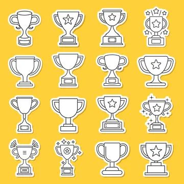 Trophy cup paper sticker icon set collection in flat style. Award prize vec.. Stock Illustration